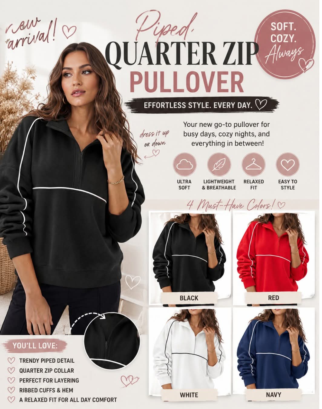 Piped Quarter Zip Pullover