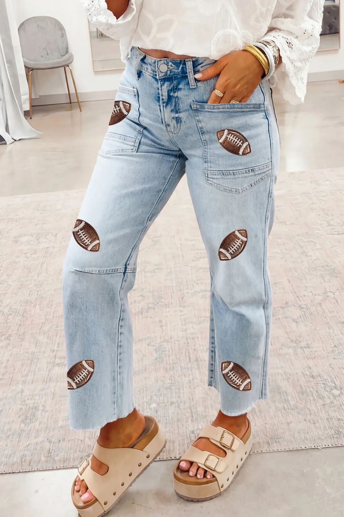 Football Sequin Patch Jeans