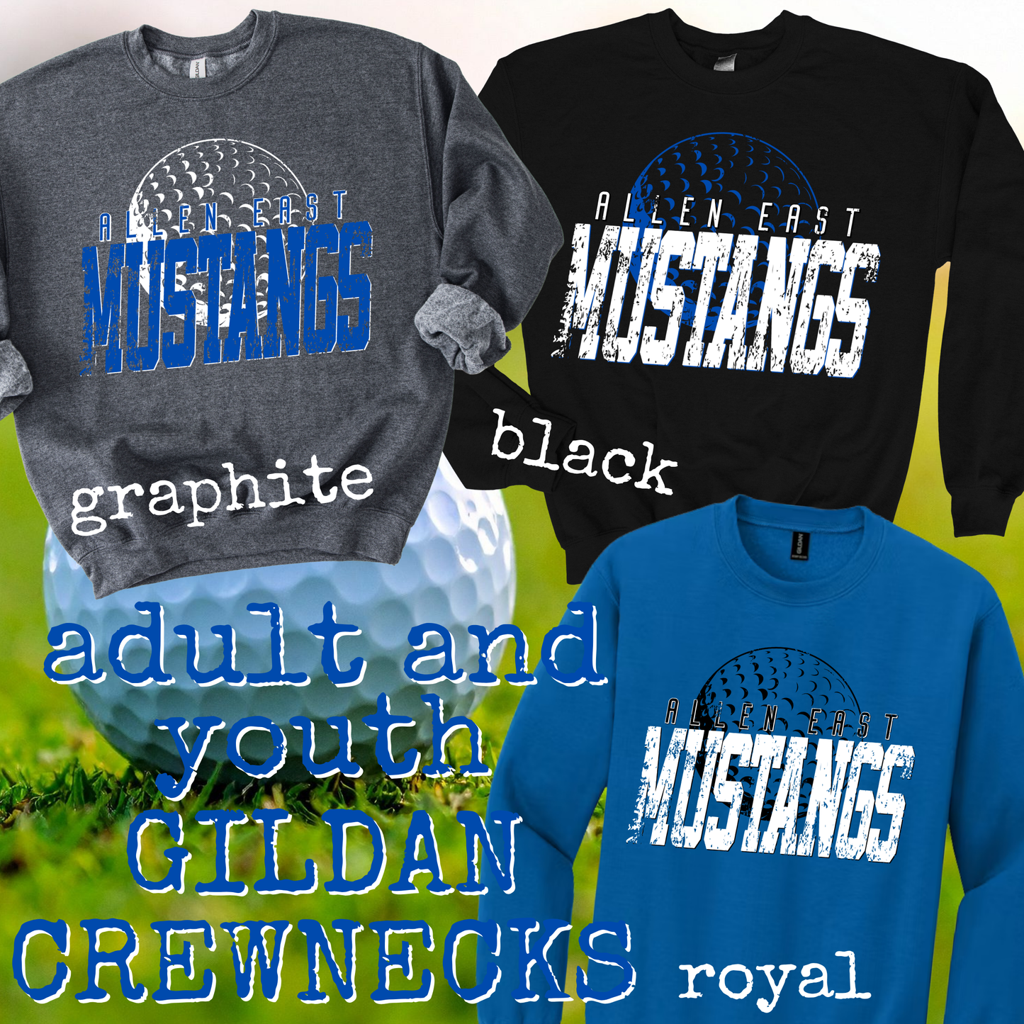 Mustangs Halftone Golf Crew or Longsleeve Tee